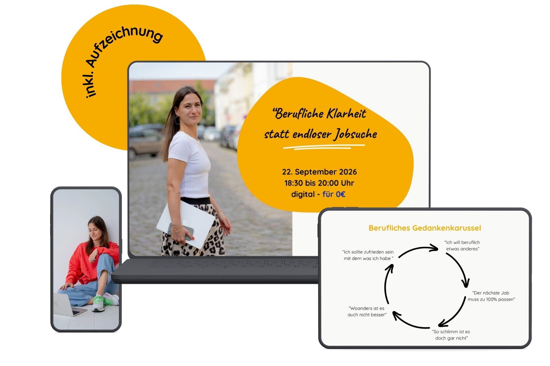 Mock Up: Online Live Masterclass "Berufliche Klarheit statt endloser Jobsuche" 22. September 2026 18:30 bis 20:00 Uhr digital - 0€ inklusive Aufzeichnung
